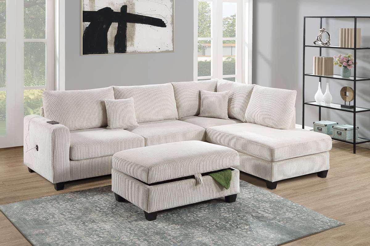 Beige Corduroy Chaise Sectional With Charger and Storage Ottoman