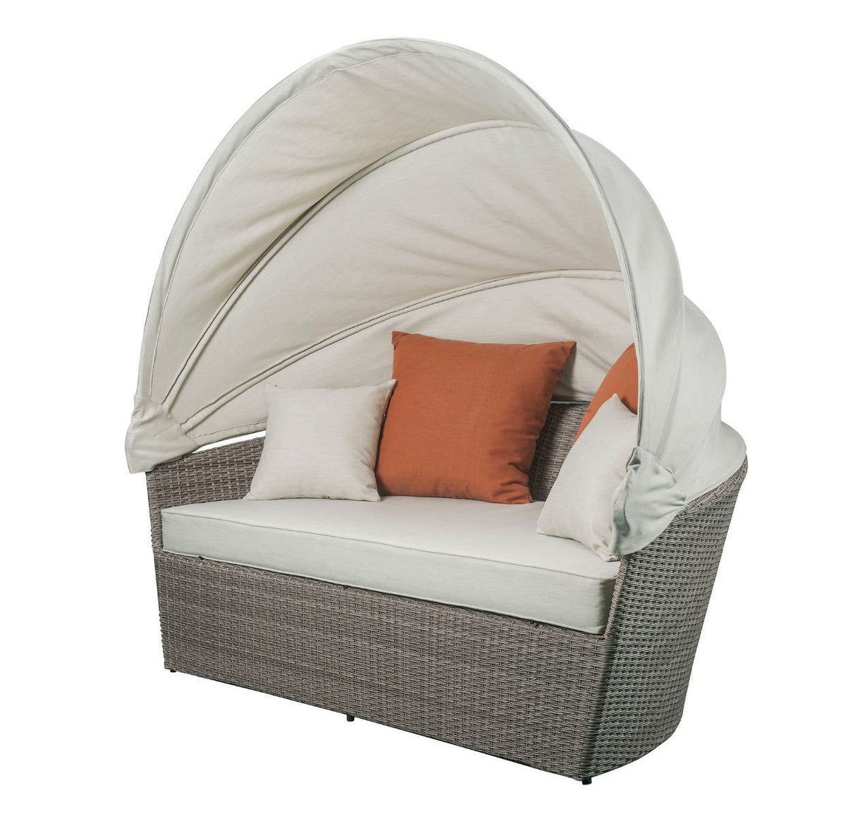 Salena - Patio Canopy Sofa With 4 Pillows & Ottoman - Beige Fabric & Gray Wicker