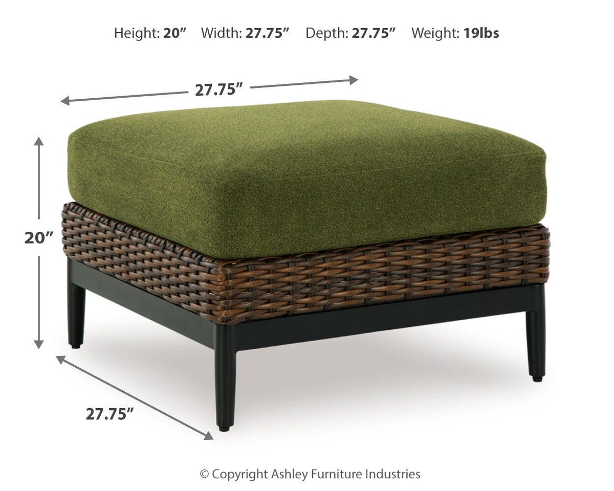Horizon Hall Outdoor Ottoman with Cushion - P572-814 - approximate manufacturer dimensions (supplier image 7)