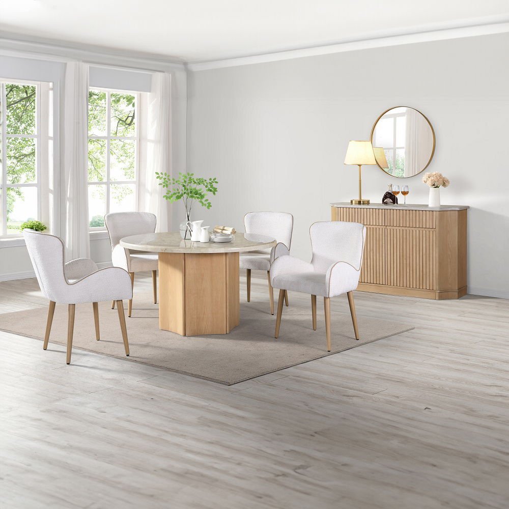 Adalynn - Round Dining Table With Marble Top - Gray Fabric & Weathered Gray Oak