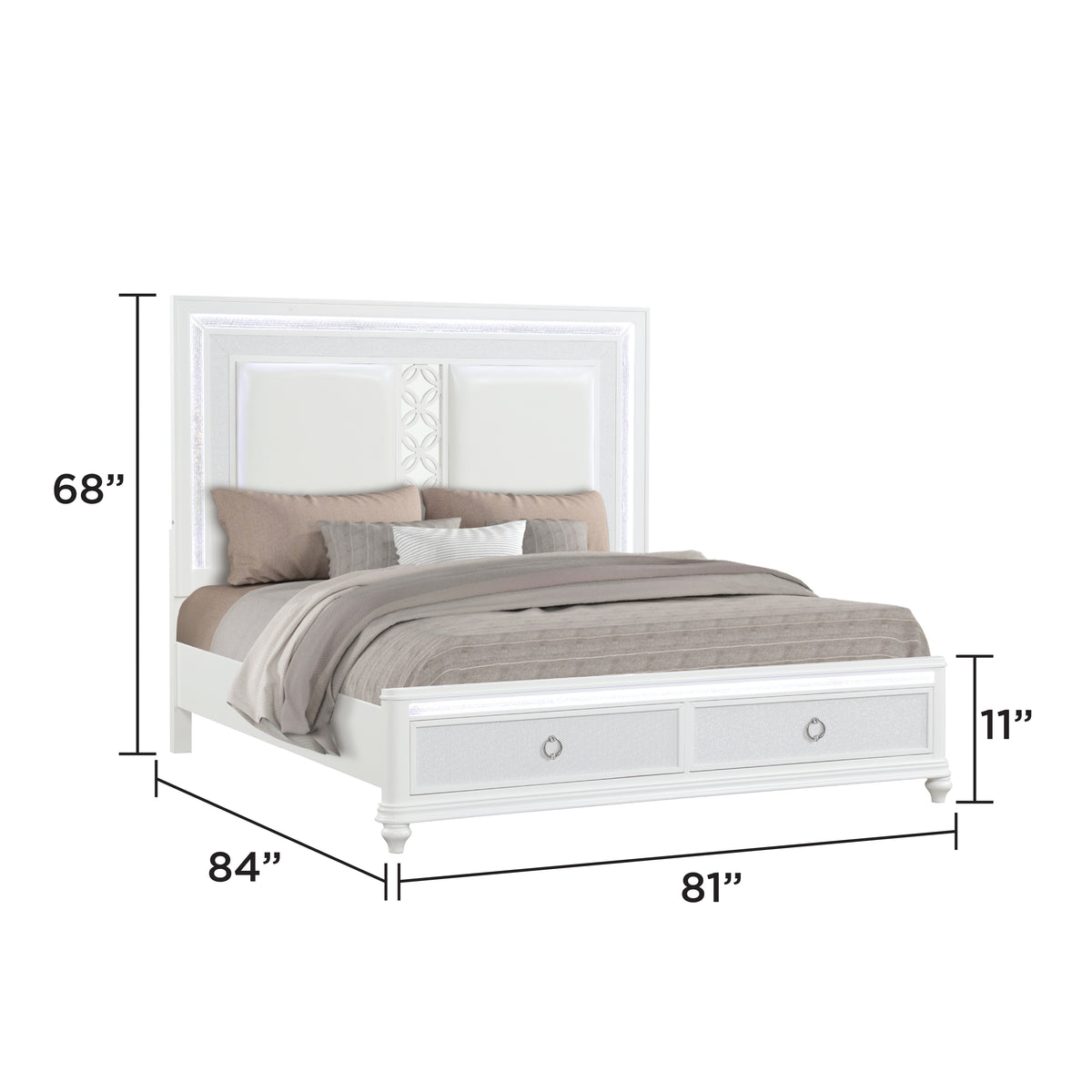 Abigale White Bed - King bed dimension diagram; applies to King size only.
