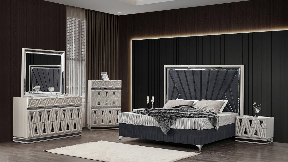 lavita river sand gray bedroom set — five_piece_set_scene. Included pieces depend on selected configuration; chest excluded from 4 Piece.