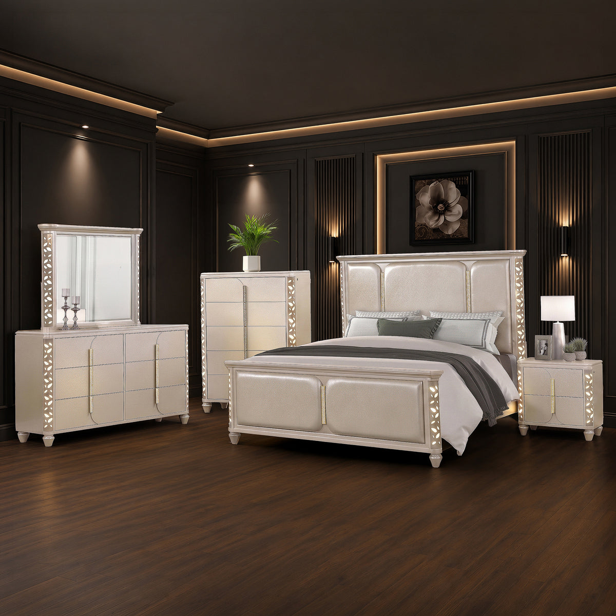 Cinderella Beige bedroom collection room scene with bed, dresser, mirror, chest and nightstand. Photographed bed size not verified.