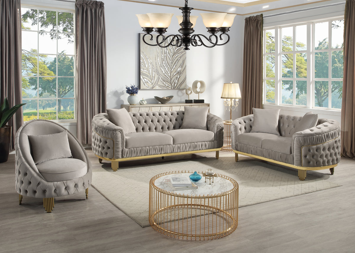 Vanessa Taupe sofa, loveseat and chair shown together in a furnished room.