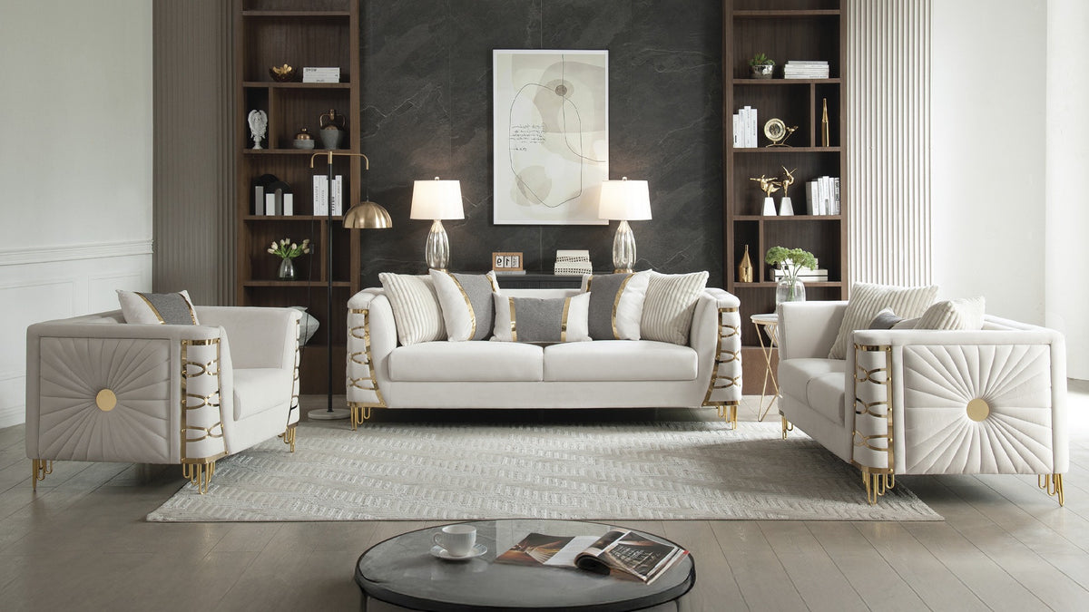 Contessa Beige sofa, loveseat and chair shown together in a furnished room.