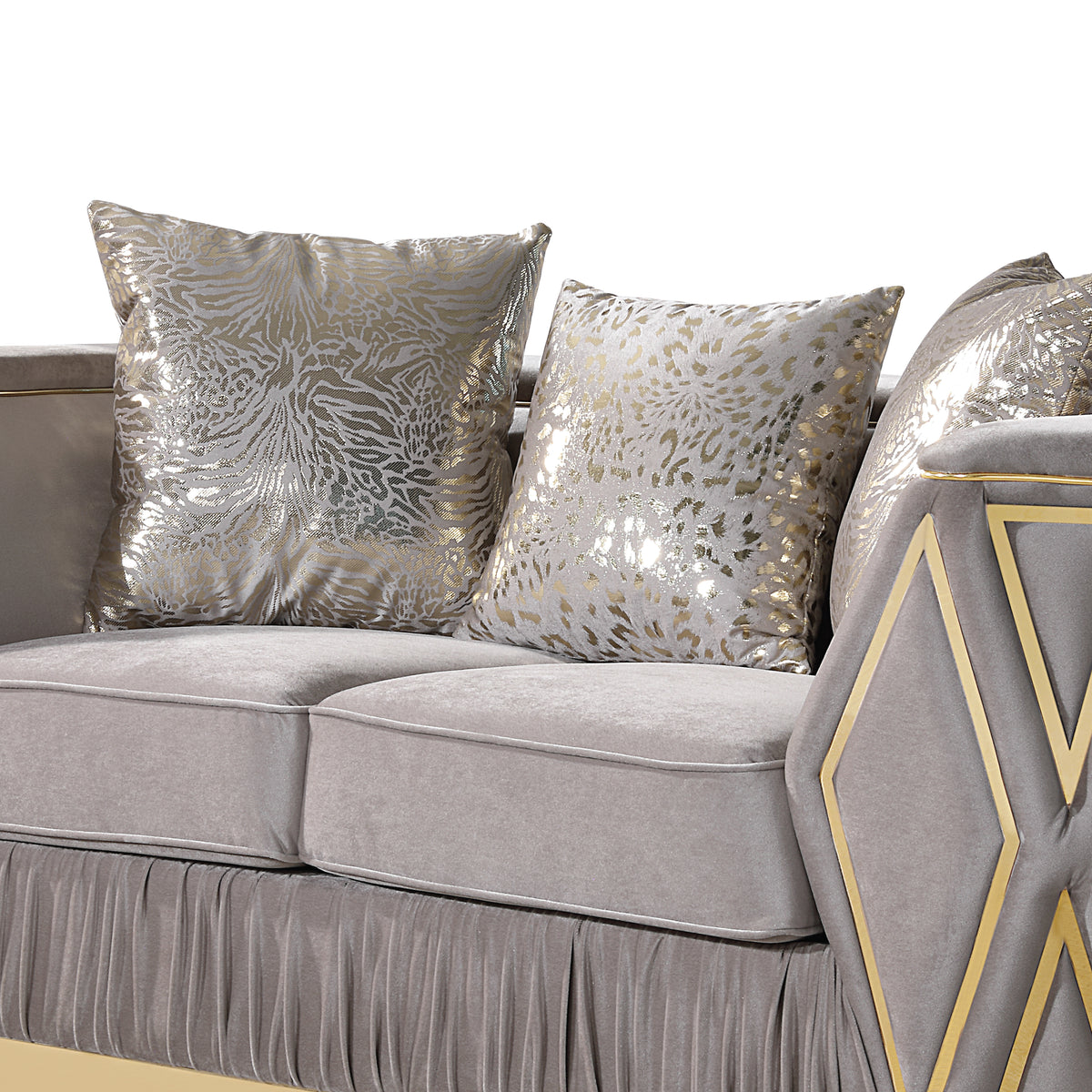 Cavalli taupe loveseat upholstery detail.