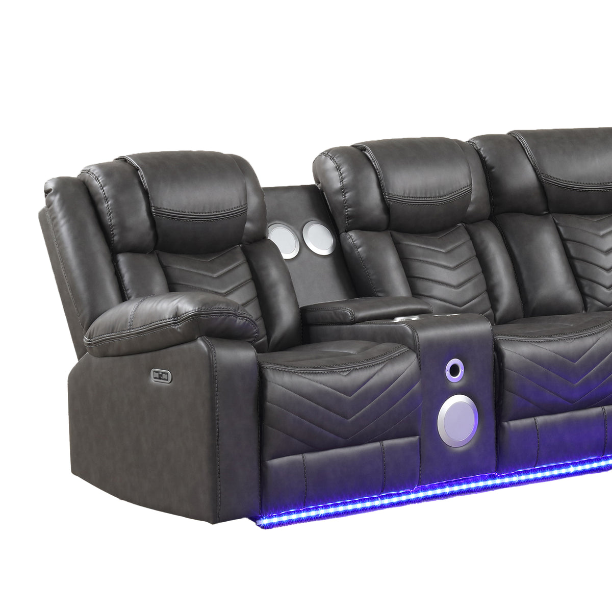 Challenger Gray Sectional. Challenger gray sectional end-seat and console details. Additional product view.