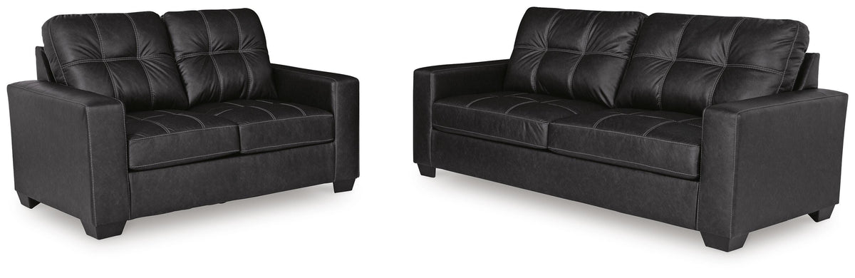 Barlin Mills sofa and loveseat set, Carbon, 17004U1: original supplier product or room view; only listed sofa and loveseat included. Castillo Furniture, Philadelphia.