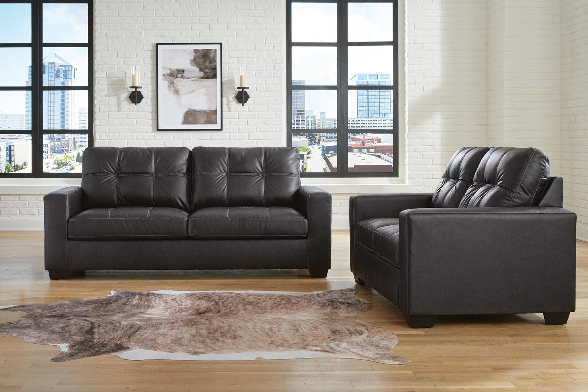 Barlin Mills sofa and loveseat set, Carbon, 17004U1: original supplier product or room view; only listed sofa and loveseat included. Castillo Furniture, Philadelphia.