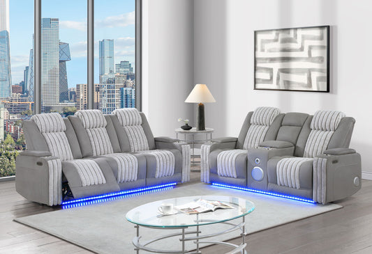U8000 - 3 Piece Living Room Set (Power Console Reclining Loveseat With Power Headrest LED & Bluetooth Speaker, Power Reclining Sofa With Headrest DDT Table Reading Light & LED) - Gray