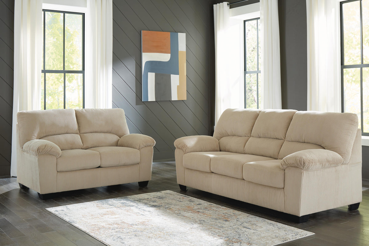 SimpleJoy sofa and loveseat set, Sand, 24203U1: original supplier product or room view; only listed sofa and loveseat included. Castillo Furniture, Philadelphia.