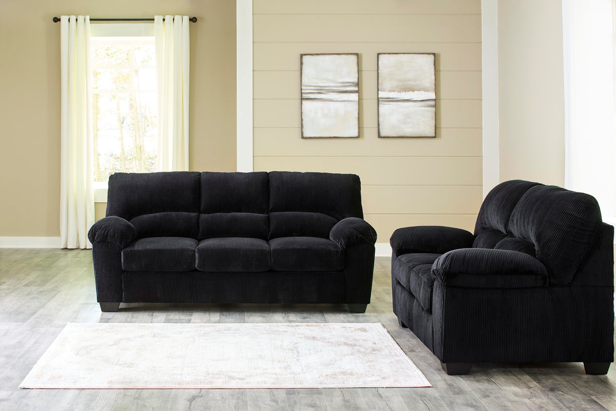 SimpleJoy sofa and loveseat set, Onyx, 24204U1: original supplier product or room view; only listed sofa and loveseat included. Castillo Furniture, Philadelphia.