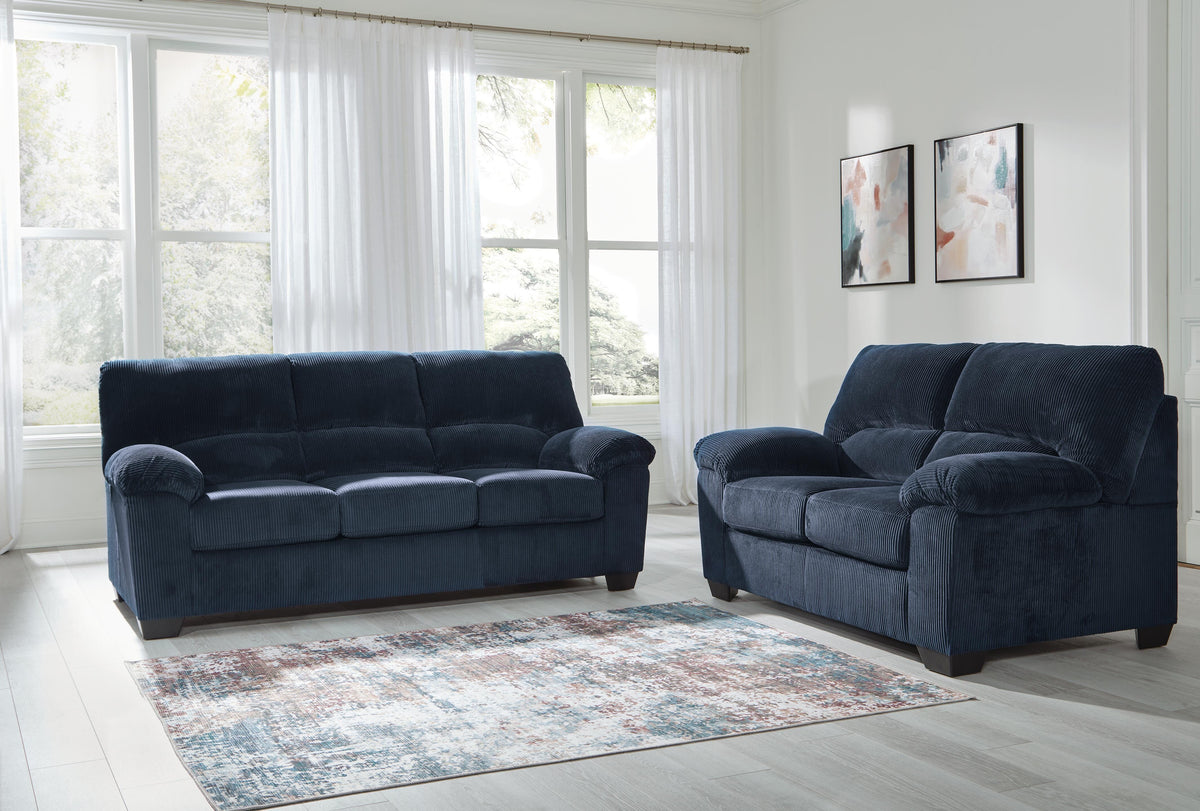 SimpleJoy sofa and loveseat set, Navy, 24205U1: original supplier product or room view; only listed sofa and loveseat included. Castillo Furniture, Philadelphia.
