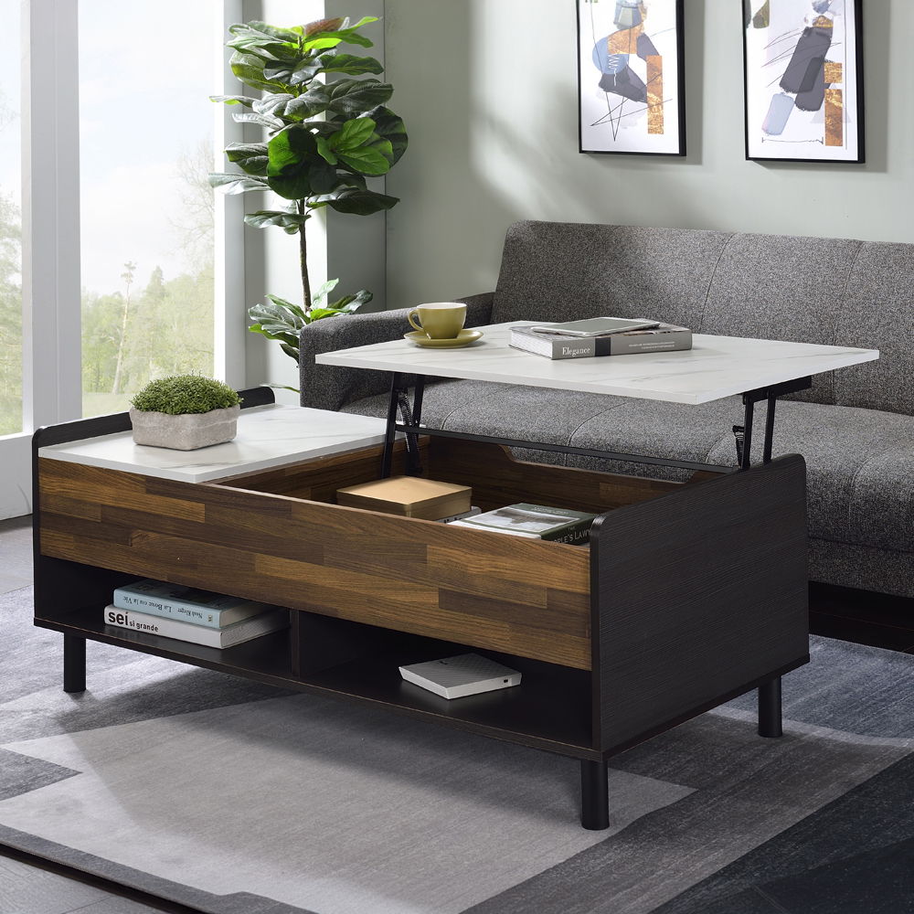 Axel - Coffee Table With Lift Top - White Printed Faux Marble Top, Walnut & Black