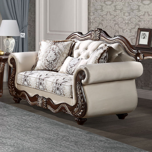 Pierce - Loveseat With 3 Pillows - Beige Fabric & Cherry