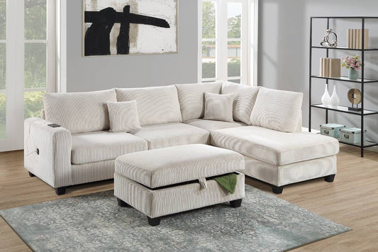 Beige Corduroy Chaise Sectional With Charger and Storage Ottoman