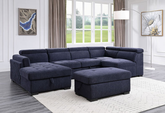 Nekoda - Sectional Sofa With Storage & Ottoman - Navy Blue Fabric