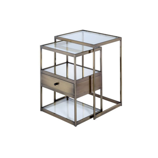 Enca - Nesting Table Set - Clear Glass & Antique Brass