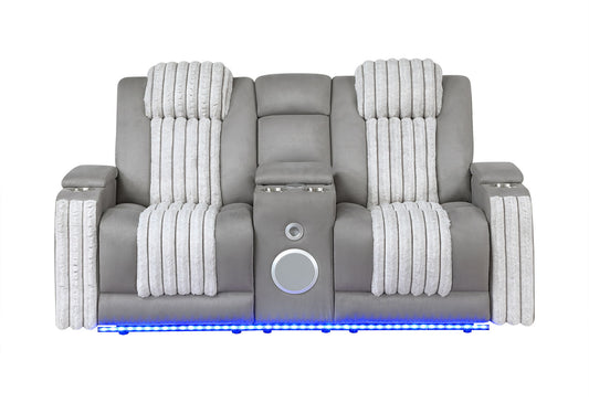 U8000 - Power Reclining Loveseat With Console, Power Headrest, LED Light, Bluetooth Speaker - Gray