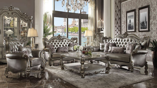 Versailles - Sofa & Loveseat Set - 90" Sofa - Silver Synthetic Leather & Antique Platinum