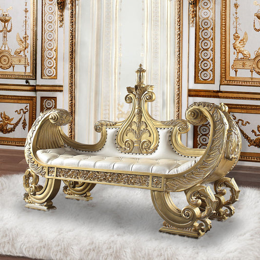 Bernadette - Bench - White Synthetic Leather Fabric & Gold