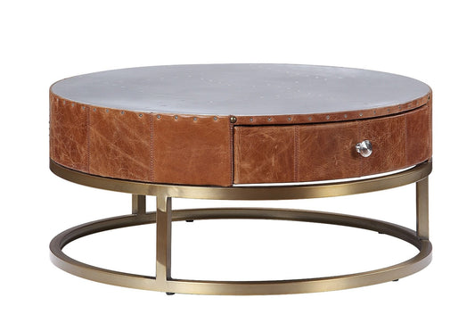 Tamas - 13" Coffee Table - Aluminum & Cocoa Top Grain Leather