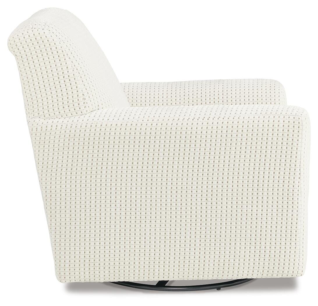 Herstow Swivel Glider Accent Chair - A3000365 - product view or room setting; only accent chair included (supplier image 4)