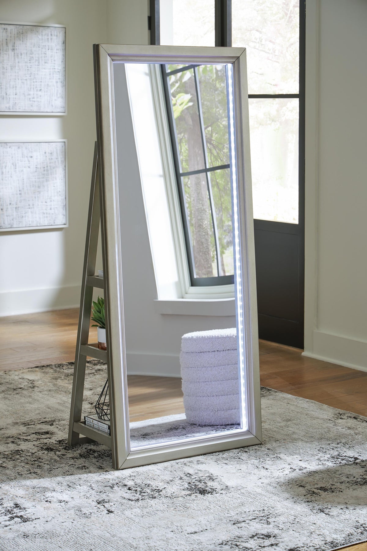 Evesen Floor Standing Mirror/Storage - A8010380 - product view or room setting; only mirror included (supplier image 2)