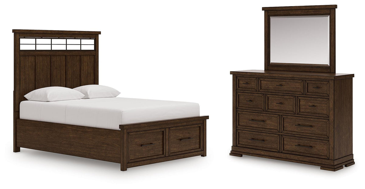 Taffenbrook Queen Panel Storage Bed, Dresser and Mirror - B849B3 - product view or room setting; complete kit and included component views (supplier image 1)