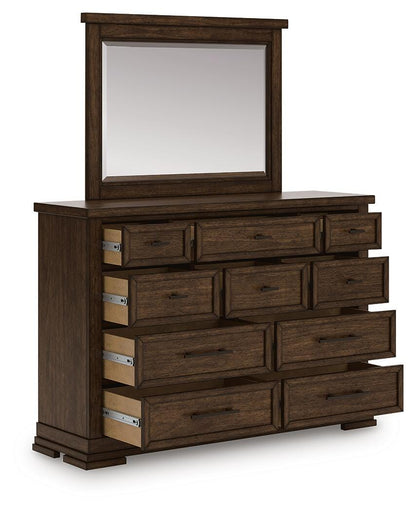 Taffenbrook Queen Panel Storage Bed, Dresser and Mirror - B849B3 - product view or room setting; complete kit and included component views (supplier image 4)