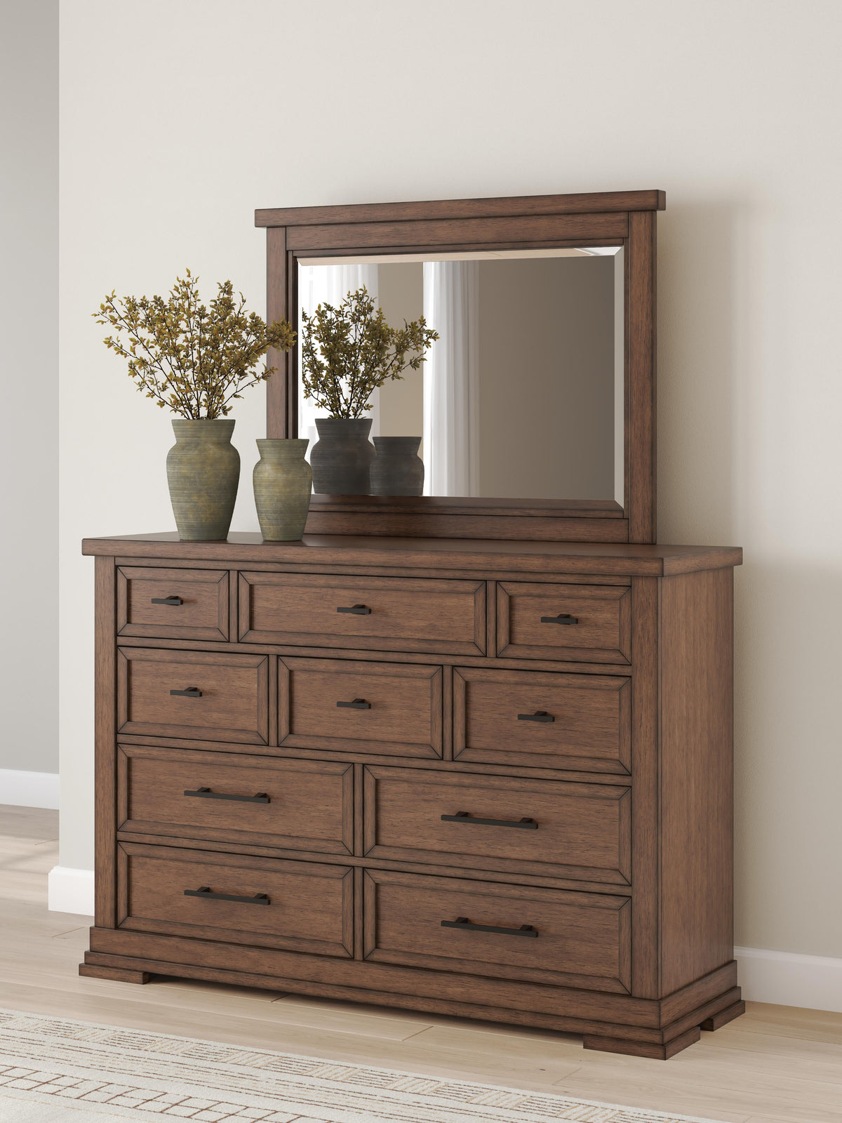 Taffenbrook Queen Panel Storage Bed, Dresser and Mirror - B849B3 - product view or room setting; complete kit and included component views (supplier image 16)
