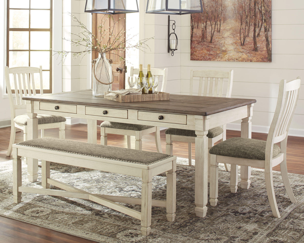 Bolanburg 6-Piece Dining Set - Table, 4 Chairs and Bench - 6 Piece - Table + 4 Chairs + Bench / Antique White / Brown - supplier product or included-component view (D647D2, image 1)
