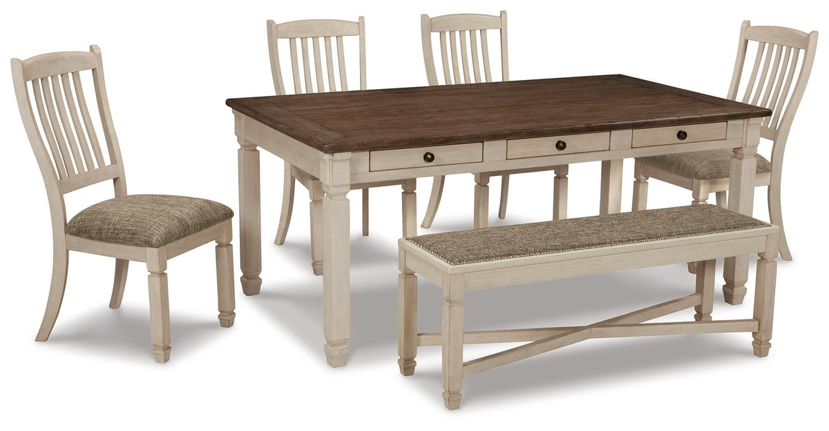 D647D2 — Bolanburg 6-Piece Dining Set — Table, 4 Chairs and Bench — 6 Piece - Table + 4 Chairs + Bench / Antique White / Brown