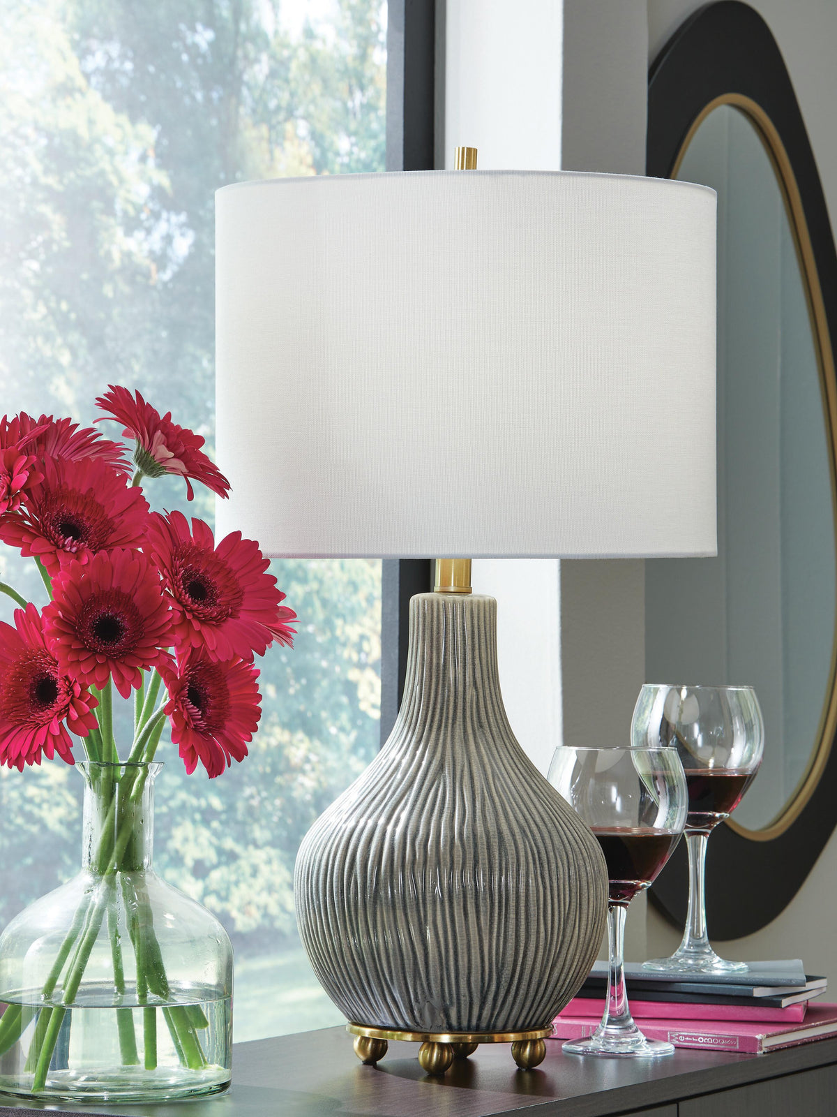 Judlen Table Lamp - L100844 - product view or room setting; only floor lamp included (supplier image 2)