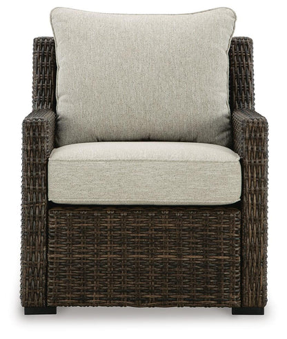 Brook Ranch Outdoor Lounge Chair with Cushion - P465-820 - product view or room setting; only outdoor lounge chair included (supplier image 3)