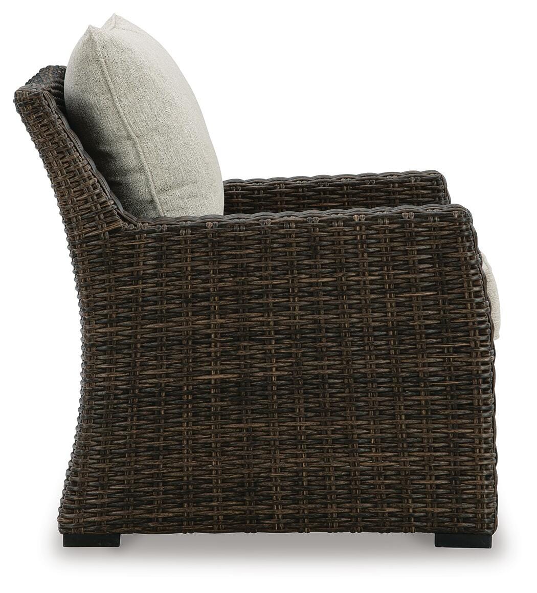 Brook Ranch Outdoor Lounge Chair with Cushion - P465-820 - product view or room setting; only outdoor lounge chair included (supplier image 4)