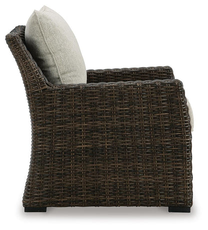 Brook Ranch Outdoor Lounge Chair with Cushion - P465-820 - product view or room setting; only outdoor lounge chair included (supplier image 4)