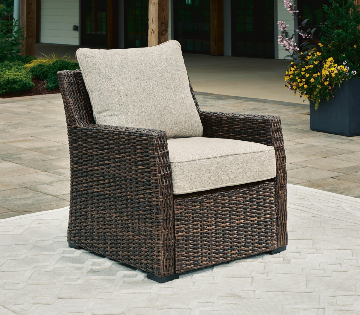 Brook Ranch Outdoor Lounge Chair with Cushion - P465-820 - product view or room setting; only outdoor lounge chair included (supplier image 2)
