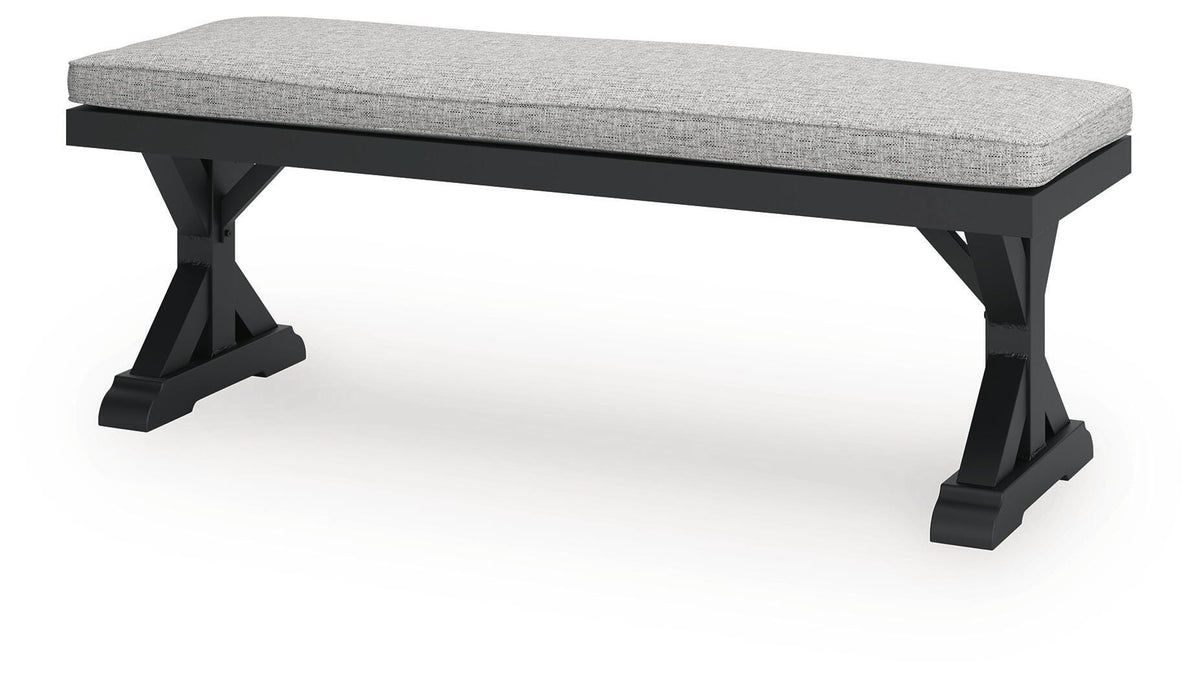 Beachcroft Outdoor Bench with Cushion - P792-600 - product view or room setting; only outdoor dining benche included (supplier image 3)