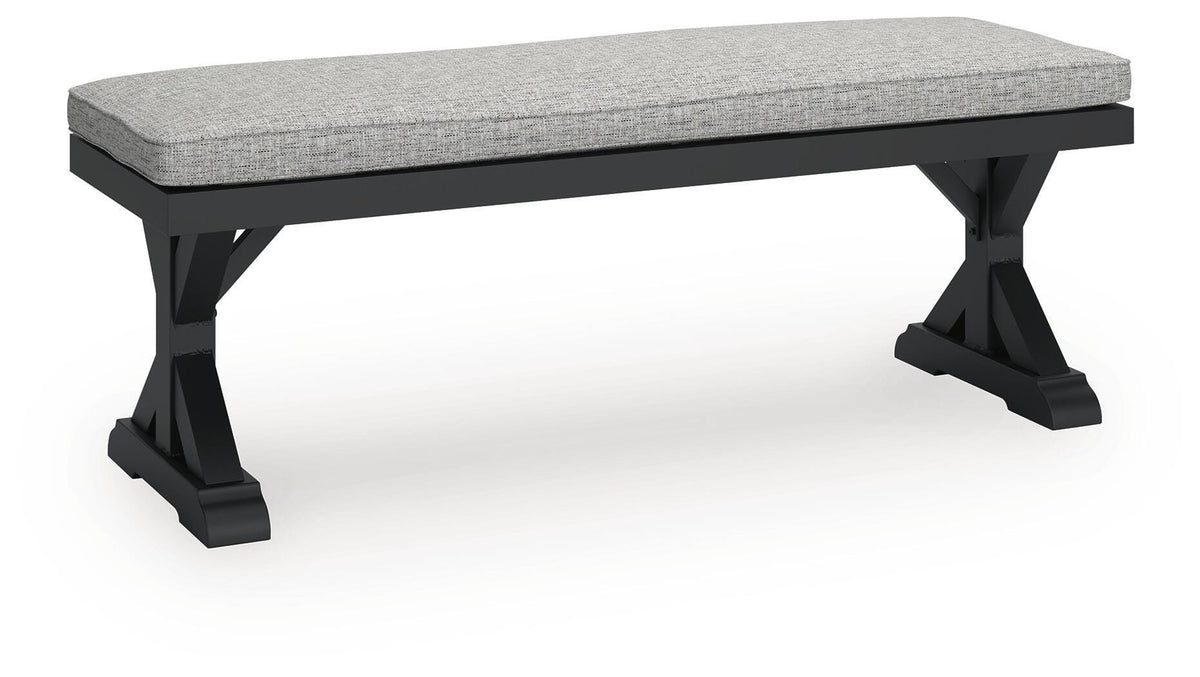 Beachcroft Outdoor Bench with Cushion - P792-600 - product view or room setting; only outdoor dining benche included (supplier image 1)