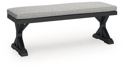Beachcroft Outdoor Bench with Cushion - P792-600 - product view or room setting; only outdoor dining benche included (supplier image 1)