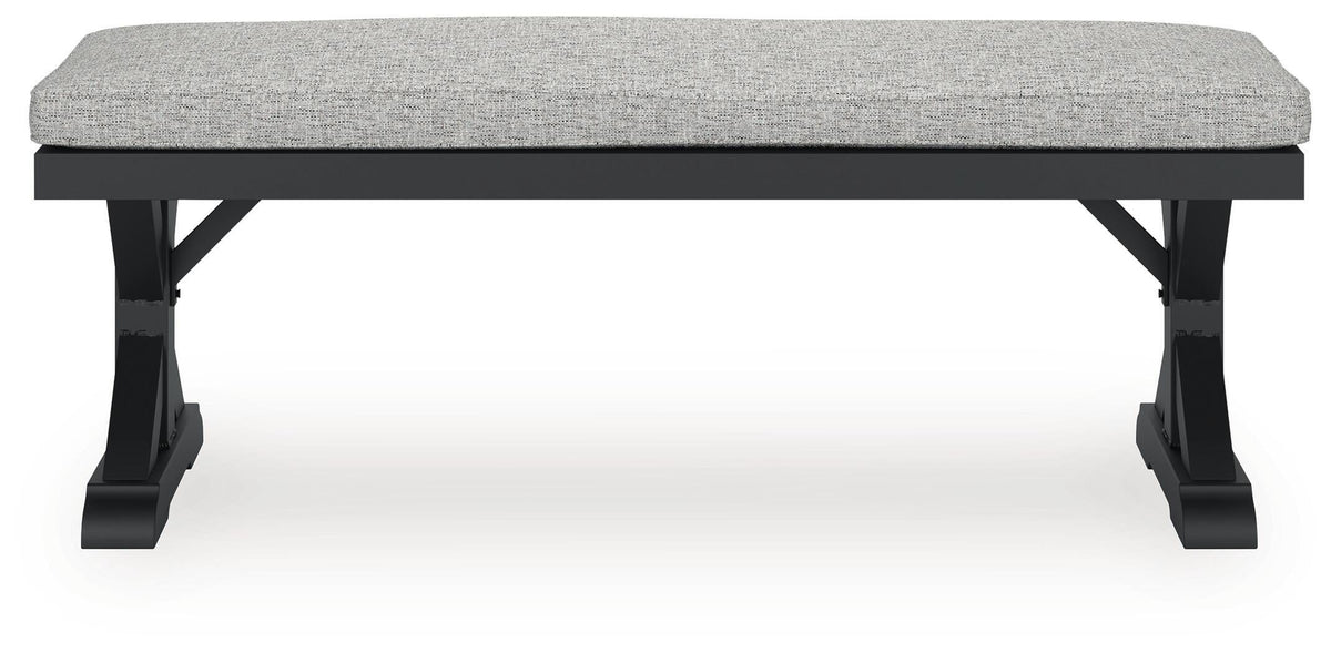 Beachcroft Outdoor Bench with Cushion - P792-600 - product view or room setting; only outdoor dining benche included (supplier image 4)