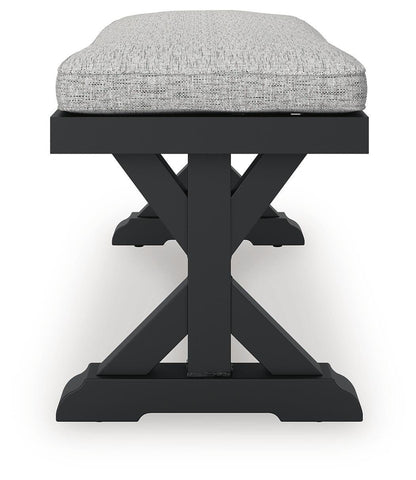 Beachcroft Outdoor Bench with Cushion - P792-600 - product view or room setting; only outdoor dining benche included (supplier image 7)