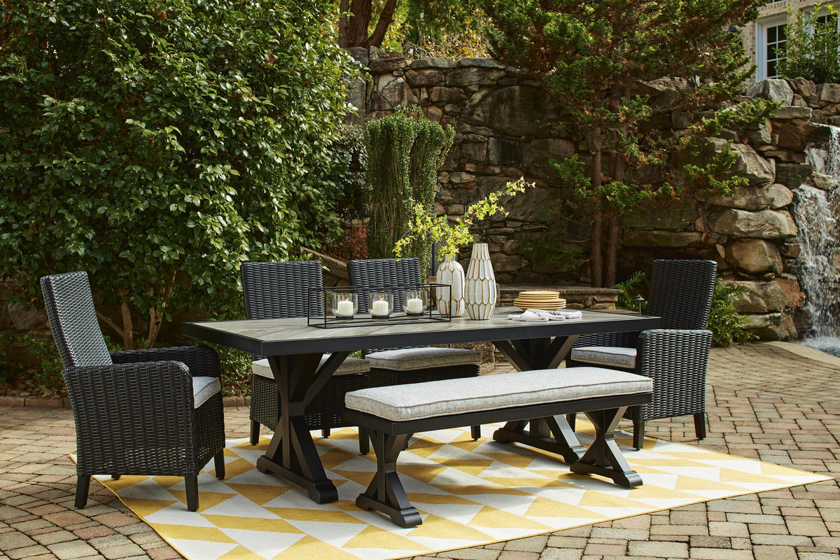 Beachcroft Outdoor Bench with Cushion - P792-600 - product view or room setting; only outdoor dining benche included (supplier image 9)