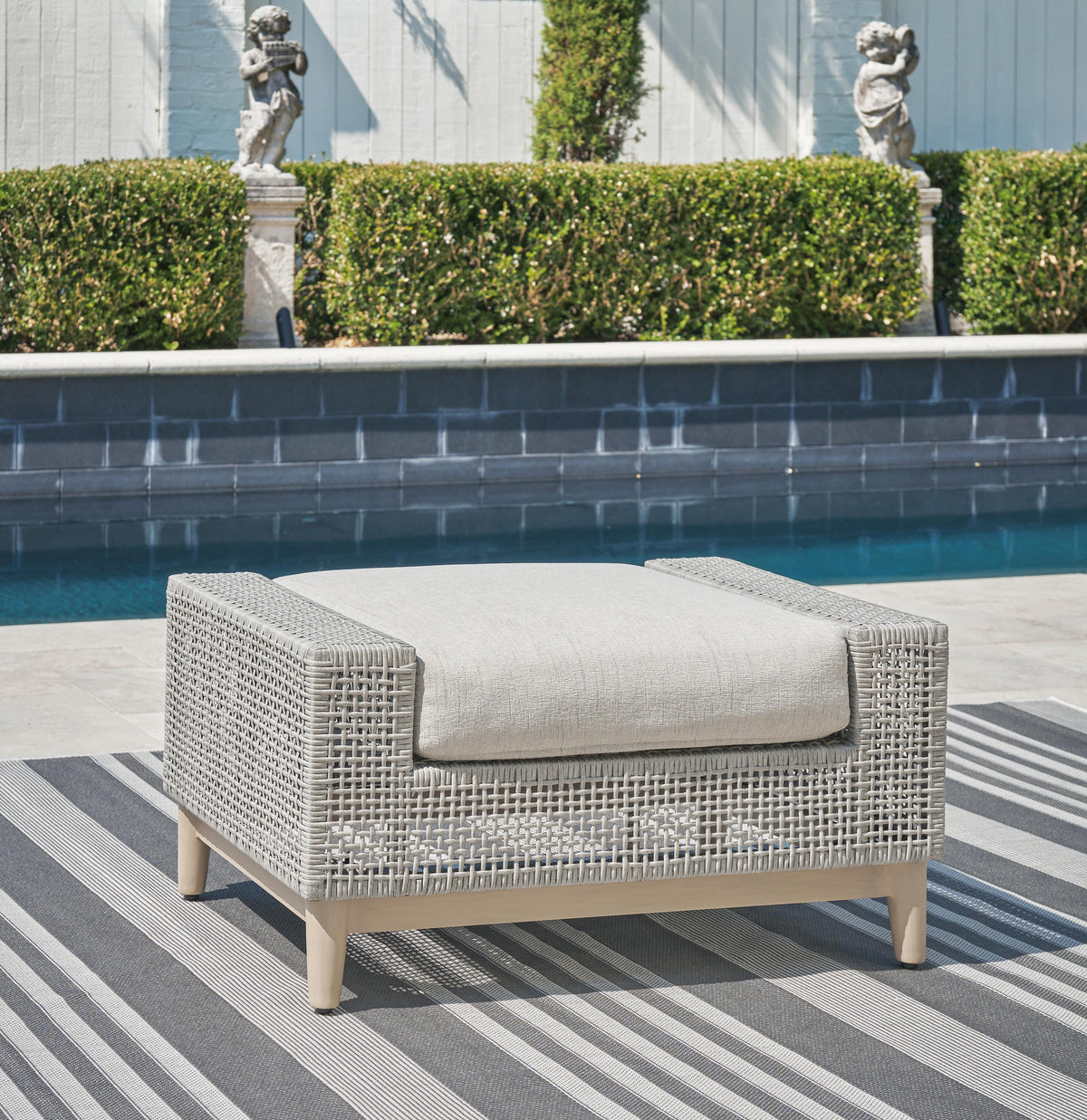 Seton Creek Outdoor Ottoman with Cushion - P798-814 - product view or room setting; only outdoor ottoman included (supplier image 2)