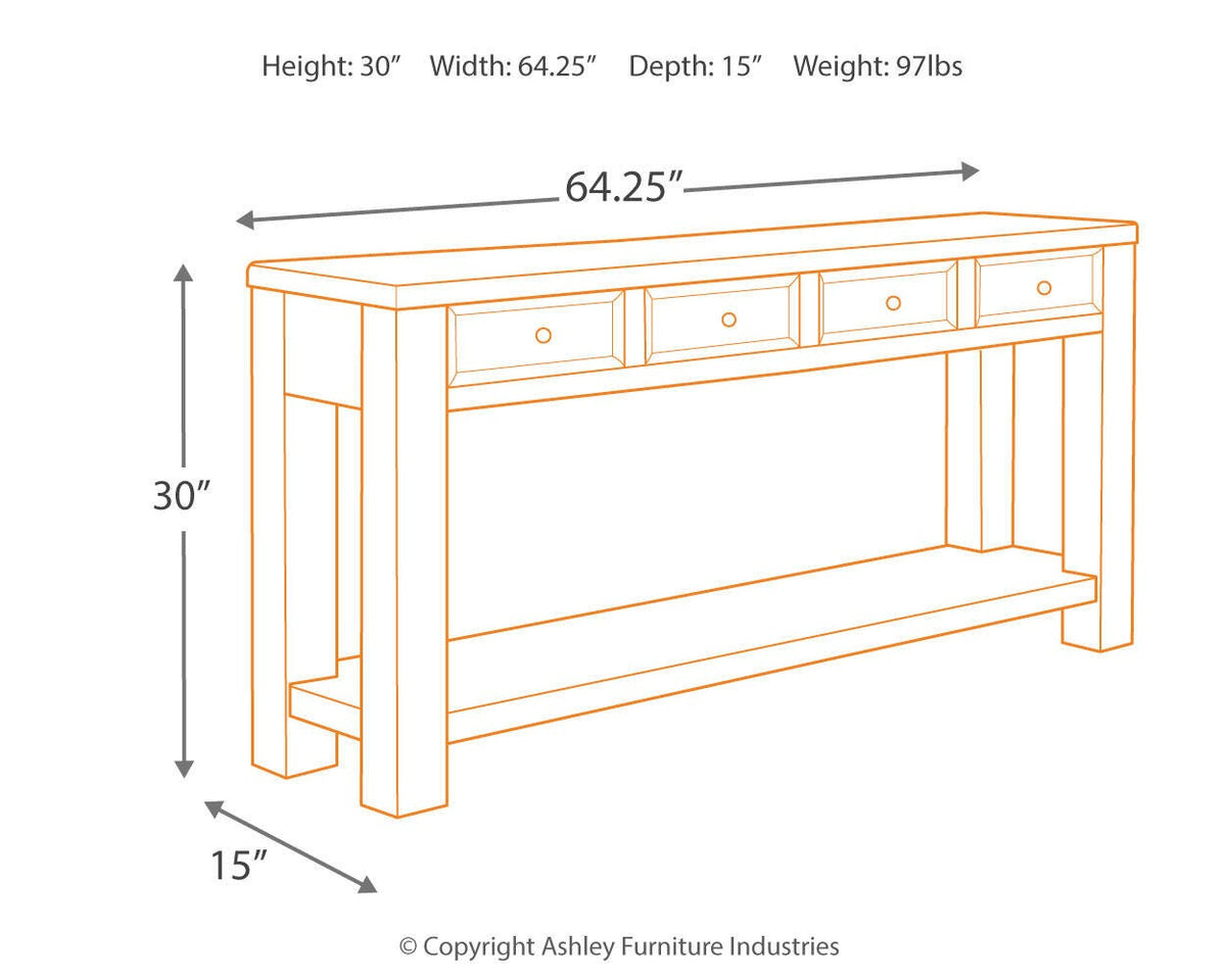 Gavelston Sofa/Console Table - T732-4 - approximate manufacturer dimensions (supplier image 4)