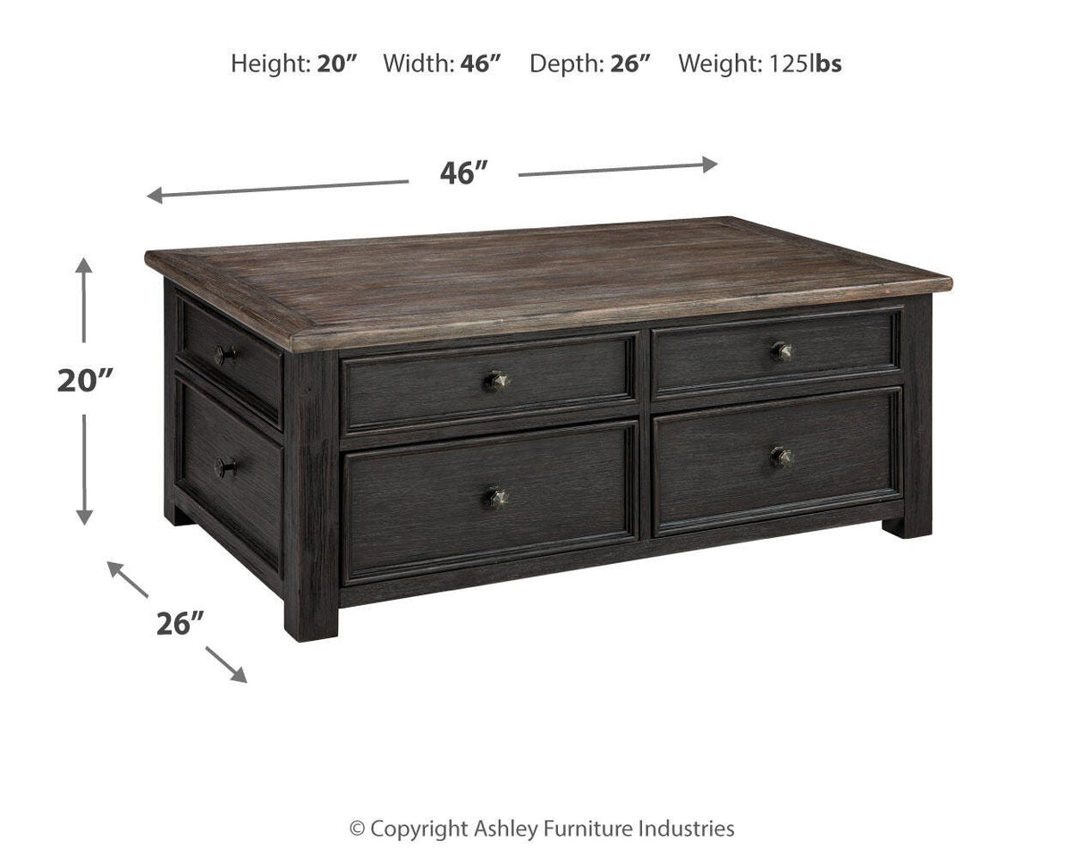 Tyler Creek Coffee Table with Lift Top - T736-20 - approximate manufacturer dimensions (supplier image 4)