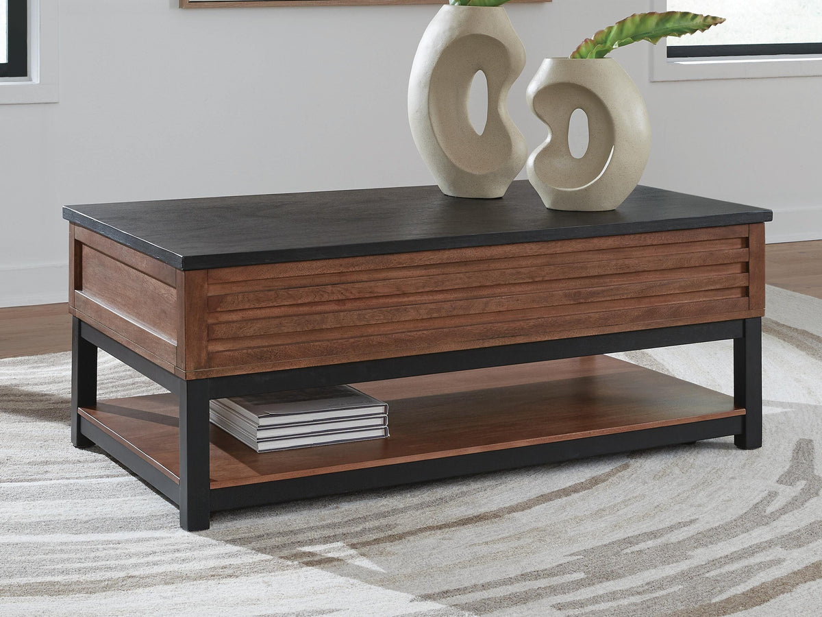Kallari Lift-Top Coffee Table - T737-9 - product view or room setting; only coffee table included (supplier image 2)