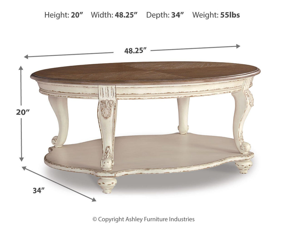 Realyn Coffee Table - T743-0 - approximate manufacturer dimensions (supplier image 4)