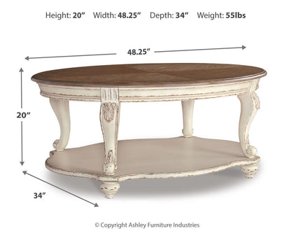 Realyn Coffee Table - T743-0 - approximate manufacturer dimensions (supplier image 4)
